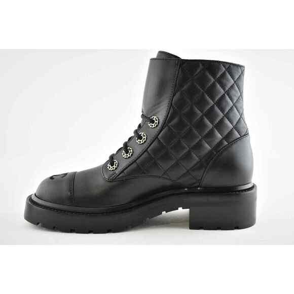 Chanel 21A Black Quilted Gold CC Chain Combat Lace Up Tie Ankle Short Boots 41 - Picture 8 of 12